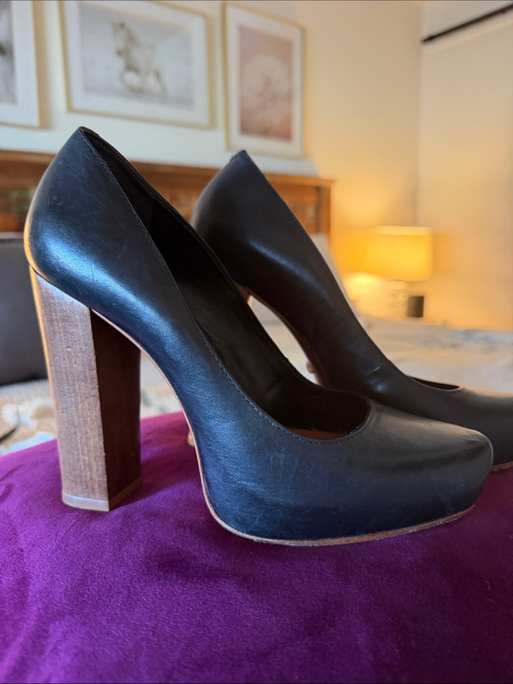 SCHUTZ Black Leather Platform Pumps with Wood Block Heel — Rounded Toe